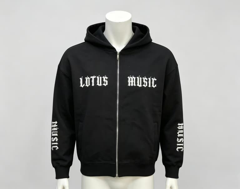Black heavyweight hoodie with portrait graphic print, urban streetwear style pullover sweatshirt