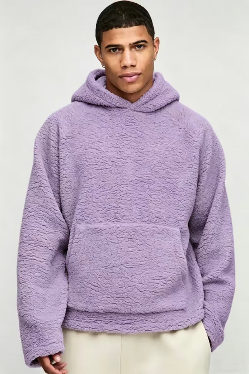 Men’s Lavender Oversized Sherpa Fleece Hoodie - Cozy Streetwear Loungewear with Kangaroo Pocket