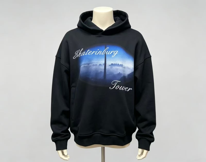 Black oversized hoodie with Shaterinburg Tower city skyline graphic print, heavyweight streetwear pullover sweatshirt