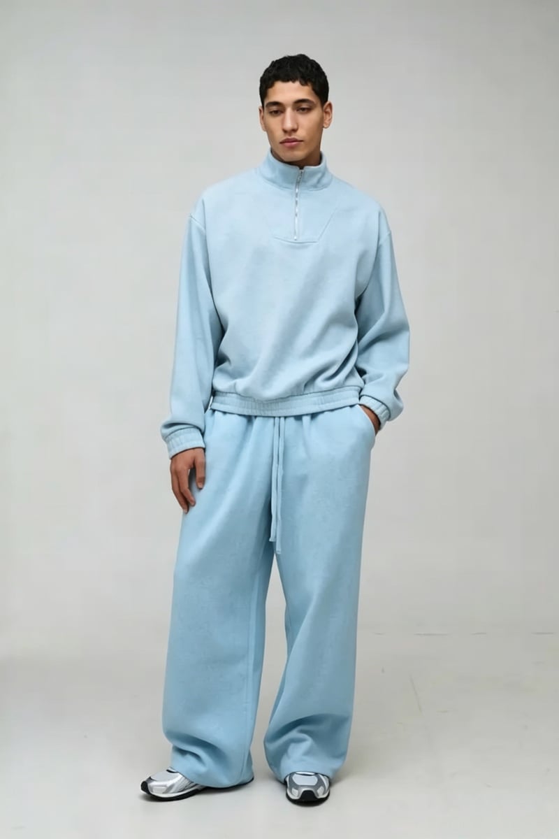 550GSM Men’s Light Green Half-Zip Fleece Tracksuit - Oversized Loungewear Set