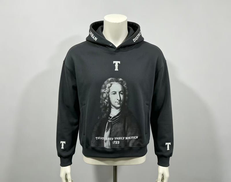 Custom heavyweight french terry combed cotton hoodie with vintage portrait print, streetwear manufacturing supplier hoodie