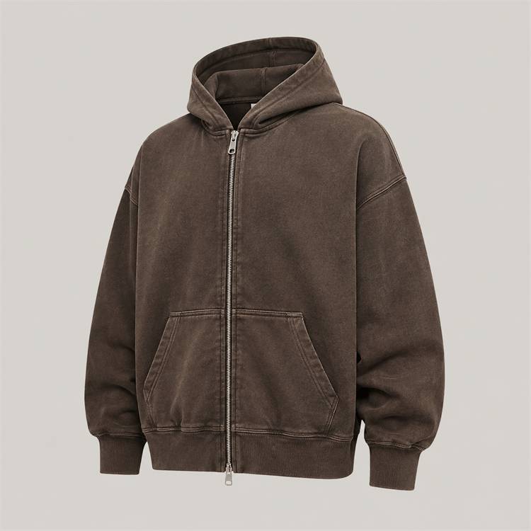Cocoa garment-dyed oversized heavyweight zip-up hoodie