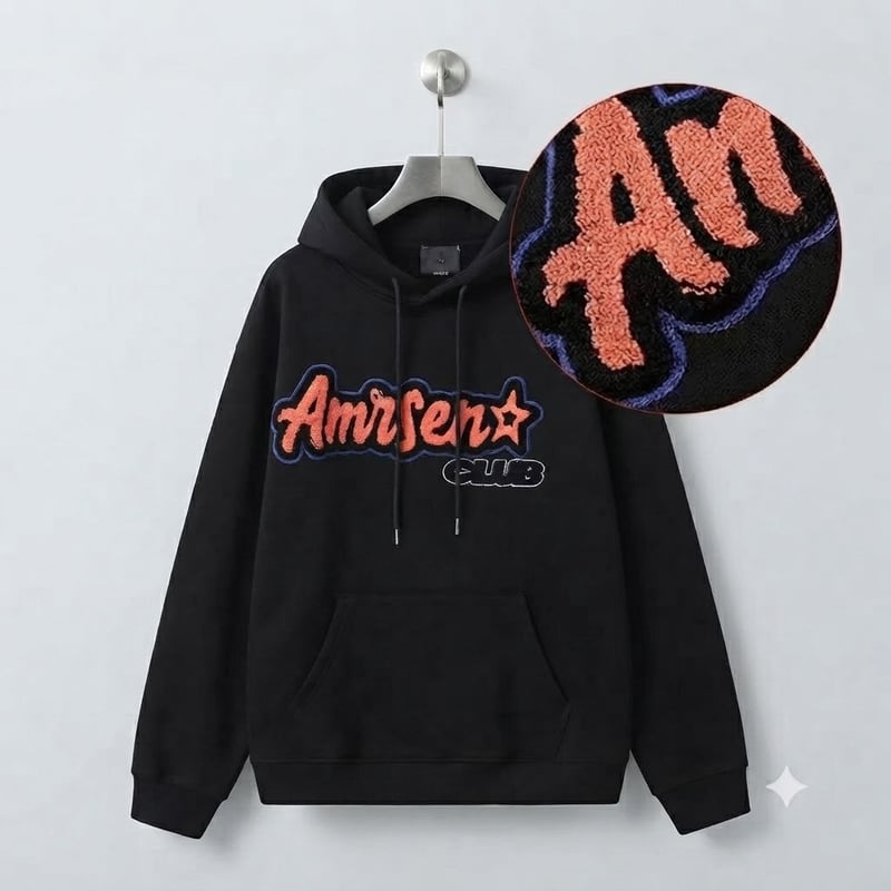 Custom embroidered hoodie developed for premium streetwear brands