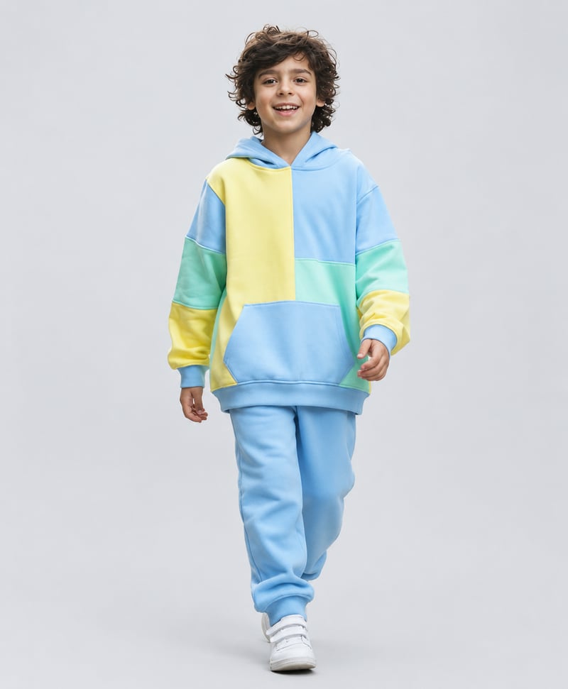 Premium Color Block Kids Hoodie Set – Custom Boys Oversized Hoodie & Jogger Manufacturer