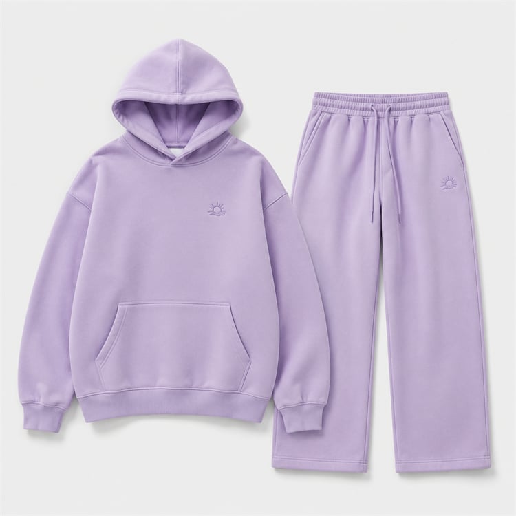 Custom lavender hoodie and sweatpants set for Canadian apparel brands