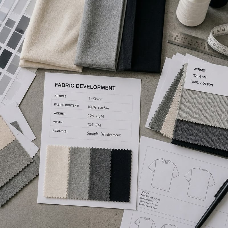Custom T-shirt fabric and sample development with jersey swatches and specifications