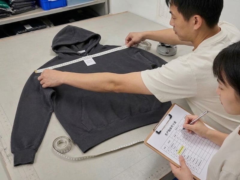 Finished heavyweight hoodie inspected for GSM, measurements, shrinkage and wash performance