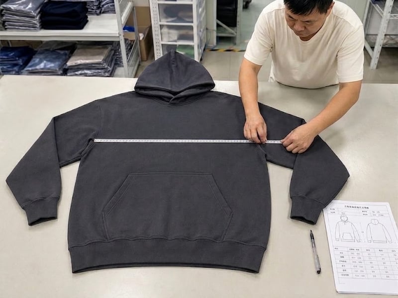 Heavyweight hoodie sample checked for chest width, body length and fit measurements before bulk production