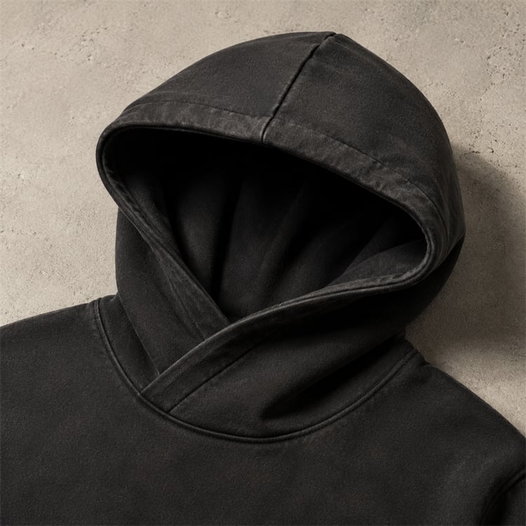 Double-layer structured hood construction on a heavyweight hoodie