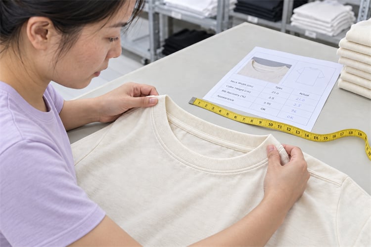 Heavyweight T-shirt collar rib recovery and neckline inspection