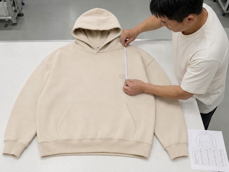 Inspector measuring hoodie chest logo placement from the shoulder high point before production