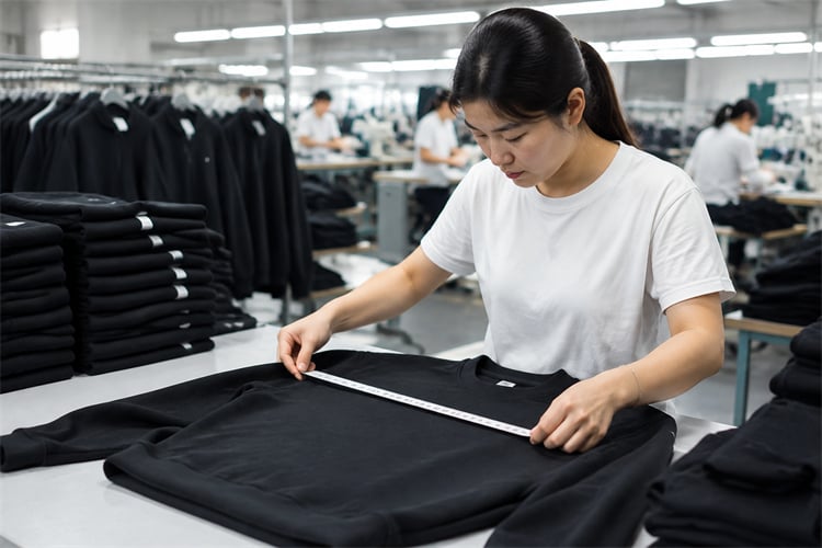 Chinese quality control specialist measuring garments during premium streetwear production inspection