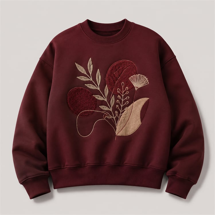 Premium burgundy graphic sweatshirt with custom embroidery and applique