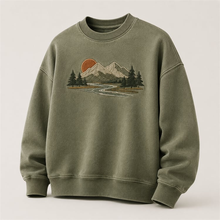 Washed sage oversized sweatshirt with custom outdoor embroidery