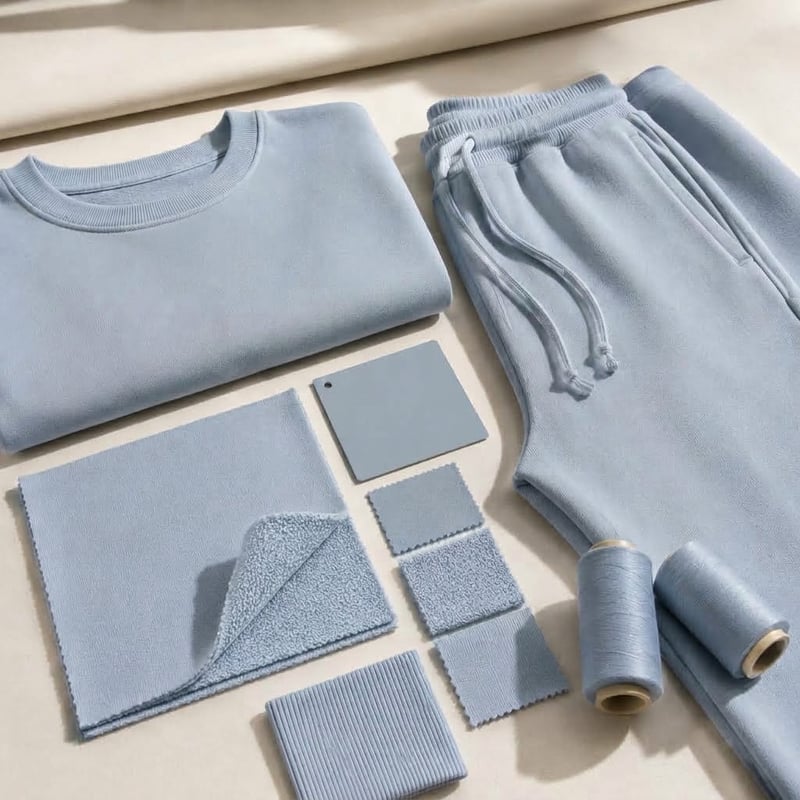 Pattern maker checking the proportions of a custom sweatshirt and matching wide-leg sweatpants