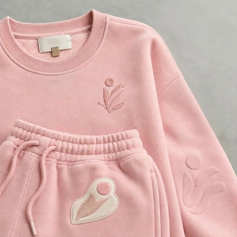 Custom embroidery, appliqué, puff decoration, labels and packaging for a coordinated sweatset