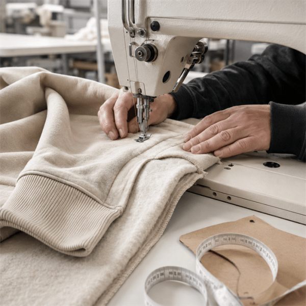 Technical sample development for a heavyweight hoodie in a professional garment sample room