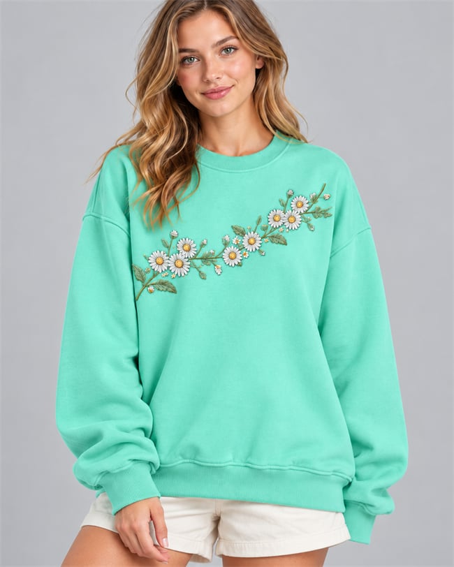 Women's Mint Green Oversized Daisy Embroidered Sweatshirt